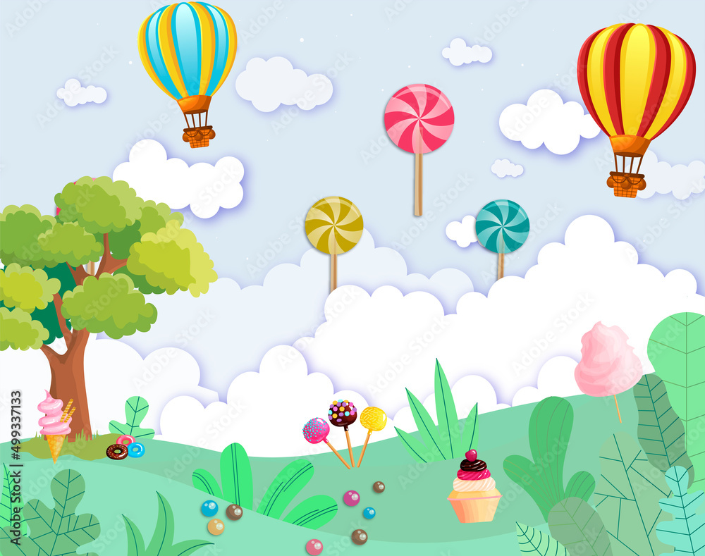 Birthday baby template painel with vector illustration of candys, trees and Hot air balloon