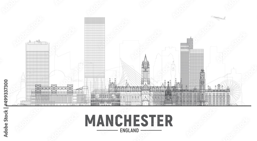 Manchester England skyline with panorama in white background. Vector Illustration. Business travel and tourism concept with modern buildings. Image for banner or web site.
