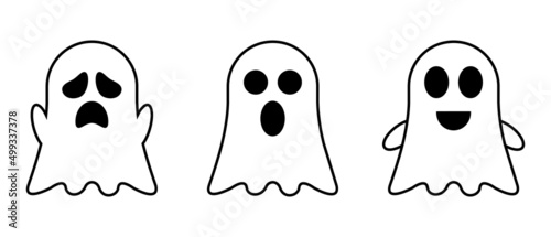 Cute ghosts outline doodle cartoon illustration. Ghosts coloring book page activity for kids and adults