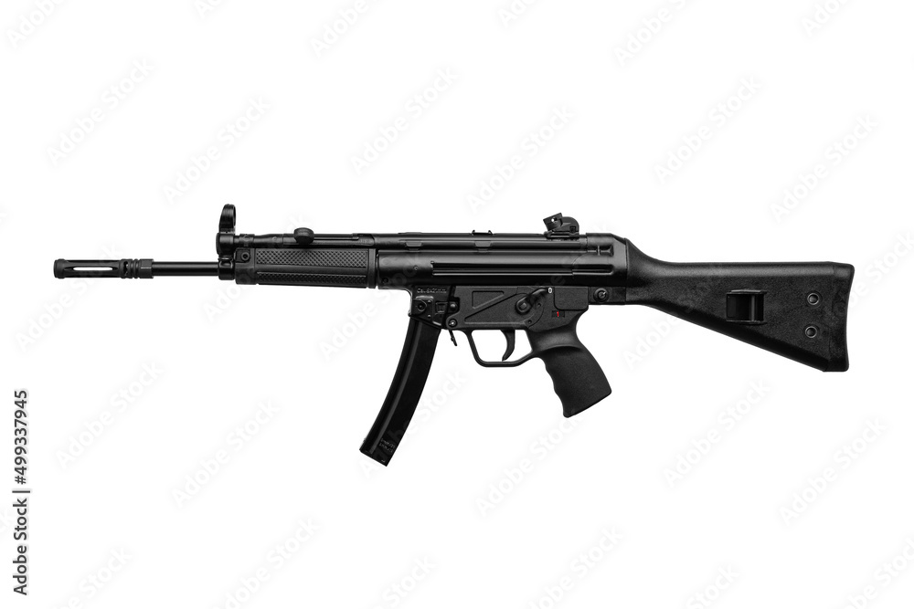 Submachine gun mp5. Small rifled automatic weapon caliber 9mm. Armament of the police and special forces. Isolate on a white back. Submachine gun mp5. Small rifled automatic weapon caliber 9mm. Armament of the police and special forces. Isolate on a white back.
