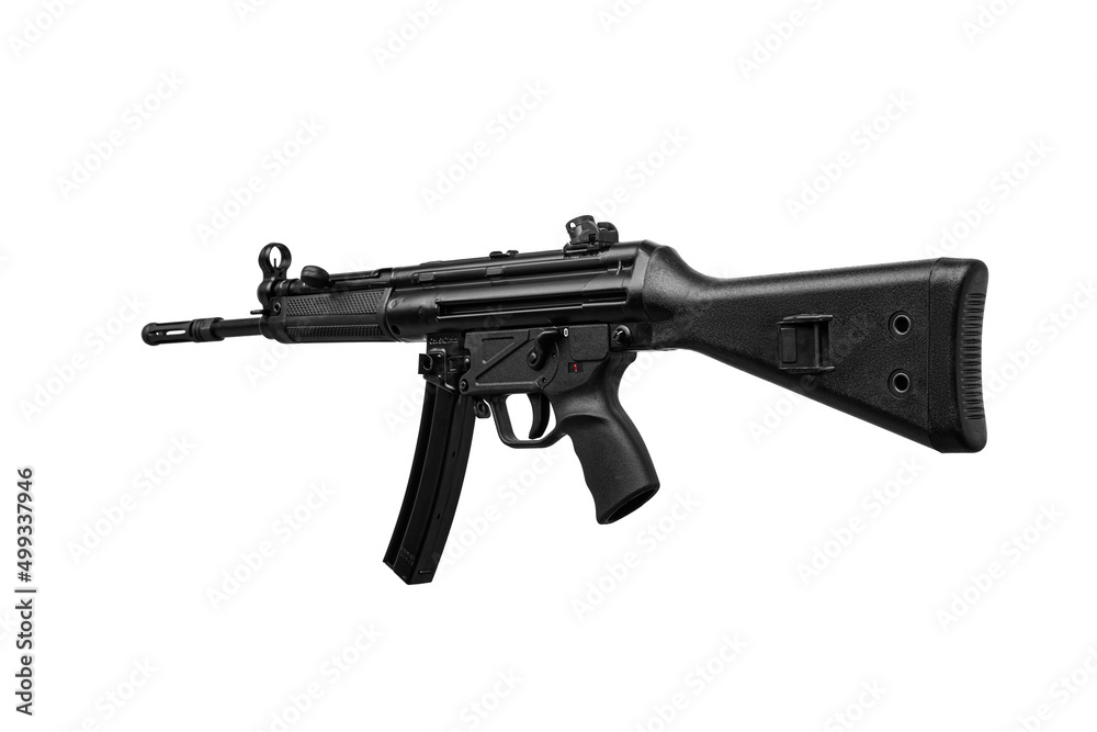Submachine gun mp5. Small rifled automatic weapon caliber 9mm. Armament of the police and special forces. Isolate on a white back. Submachine gun mp5. Small rifled automatic weapon caliber 9mm. Armament of the police and special forces. Isolate on a white back.