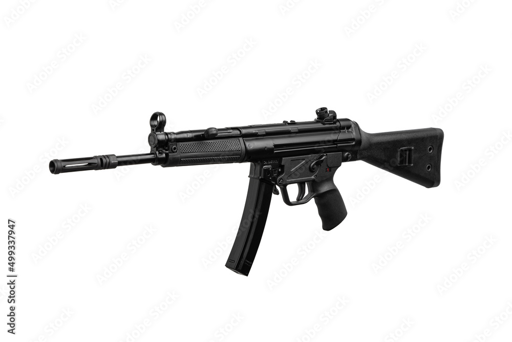 Submachine gun mp5. Small rifled automatic weapon caliber 9mm. Armament of the police and special forces. Isolate on a white back. Submachine gun mp5. Small rifled automatic weapon caliber 9mm. Armament of the police and special forces. Isolate on a white back.