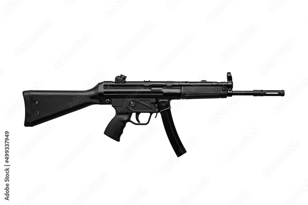 Submachine gun mp5. Small rifled automatic weapon caliber 9mm. Armament of the police and special forces. Isolate on a white back.