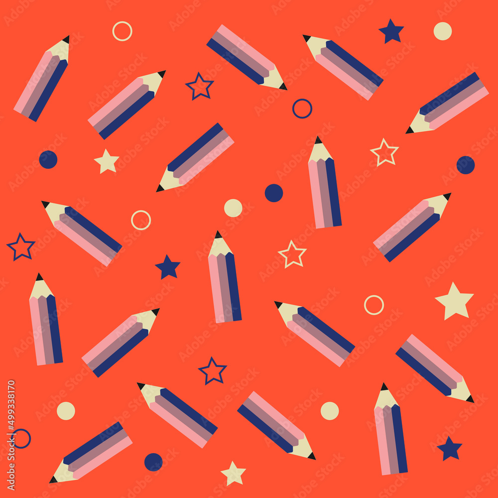Red background with scattered pens, stars and circles professionally
