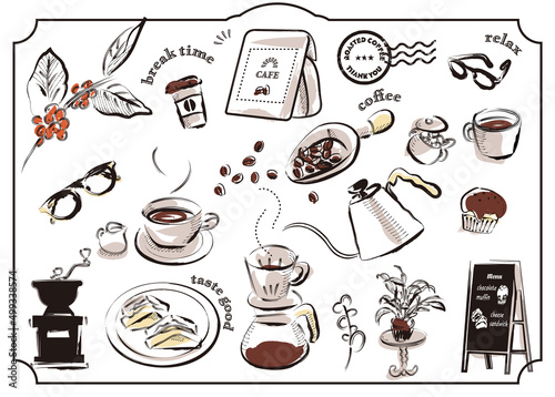 手描き線画のカフェ（コーヒー）カラーイラストセット素材2　珈琲／カップ／おしゃれ／スケッチ／シンプル