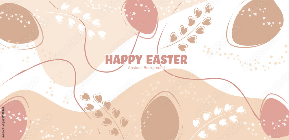 Easter Background With Easter Eggs and Leaves in Beige Colors