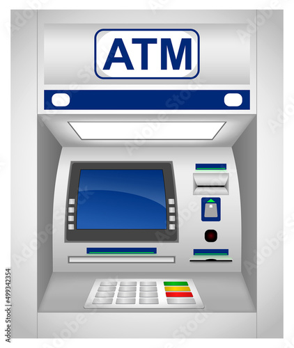 set of realistic atm machine isolated or atm bank cash machine with interface, keypad, slot for card and currency or cash machine for bank customer. eps vector
