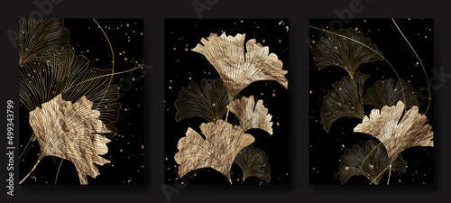 Luxury black and gold background with ginkgo leaves in line art style. Botanical art print for decor, interior design, packaging, wallpaper, textile