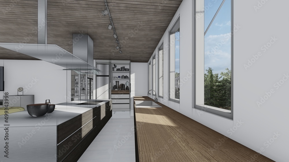 kitchen sketch interior design 3d illustration kitchen sketch interior design 3d illustration