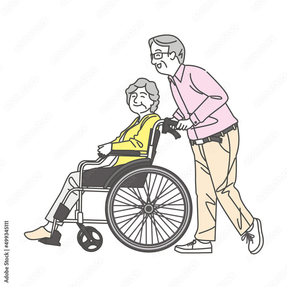 シニア夫婦、車椅子に乗る妻と夫