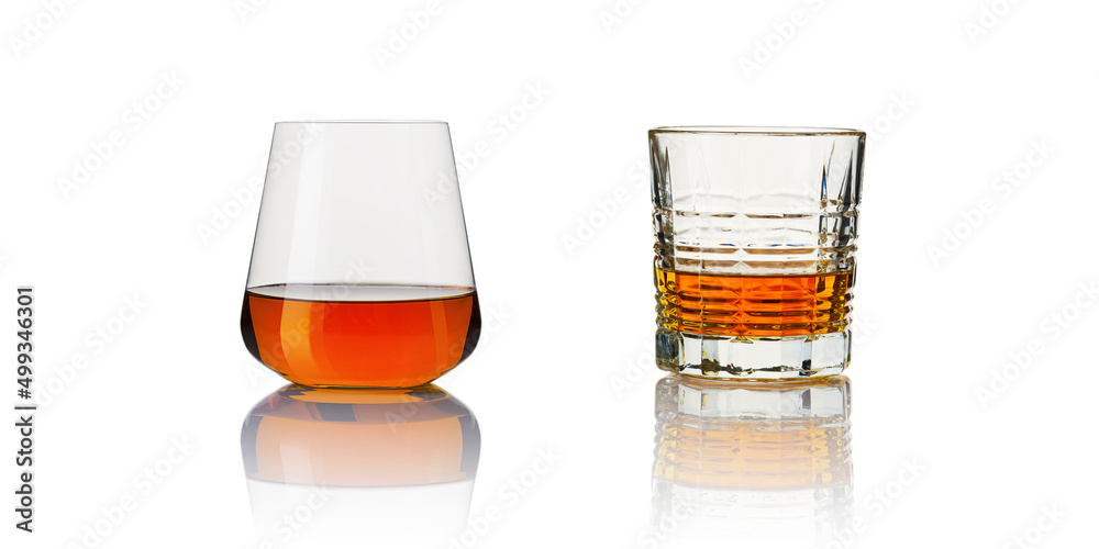 set of whiskey glasses. Collage glasses of whiskey on white background. Banner design