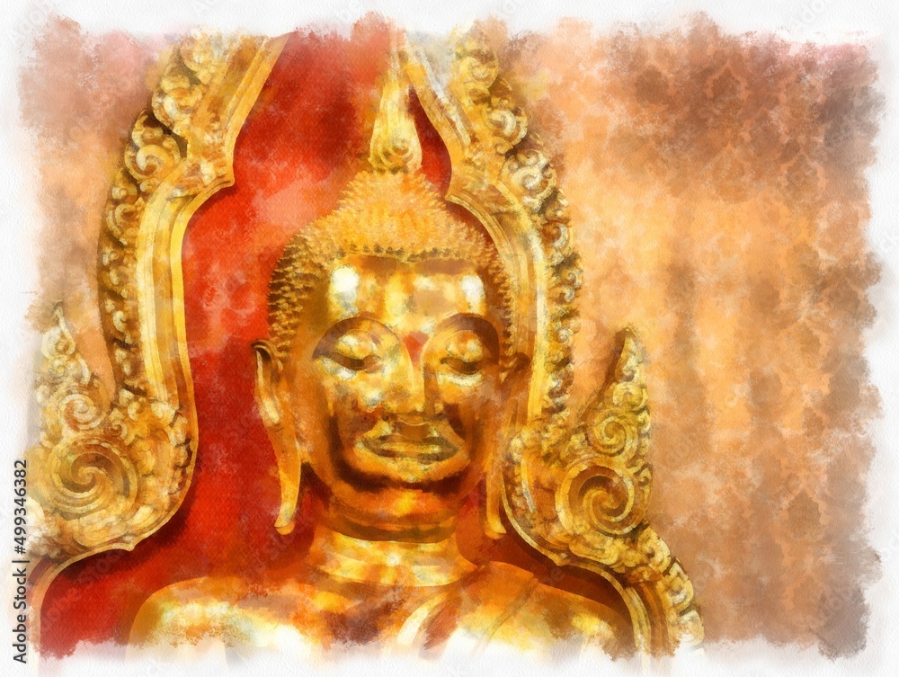 Fototapeta premium Ancient golden Buddha statue in Bangkok watercolor style illustration impressionist painting.
