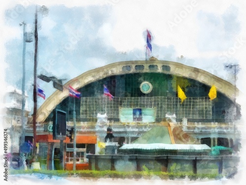 Landscape of Hua Lamphong Railway Station watercolor style illustration impressionist painting.