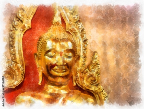 Ancient golden Buddha statue in Bangkok watercolor style illustration impressionist painting.