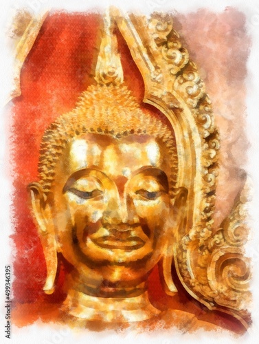 Ancient golden Buddha statue in Bangkok watercolor style illustration impressionist painting. © Kittipong