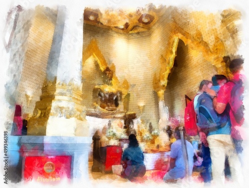 Ancient golden Buddha statue in Bangkok watercolor style illustration impressionist painting. © Kittipong