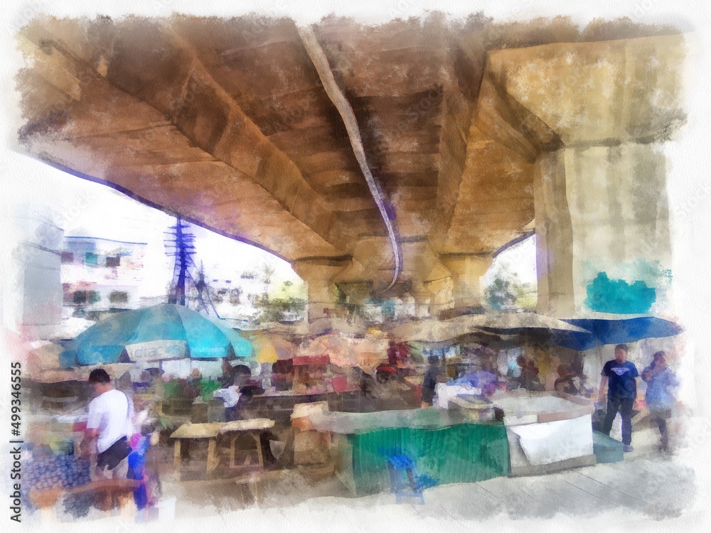 The structure of bridges and expressways watercolor style illustration impressionist painting.
