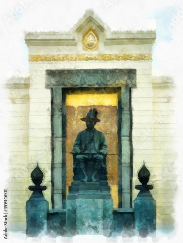 Landscape of King Rama I Monument in Bangkok watercolor style illustration impressionist painting.