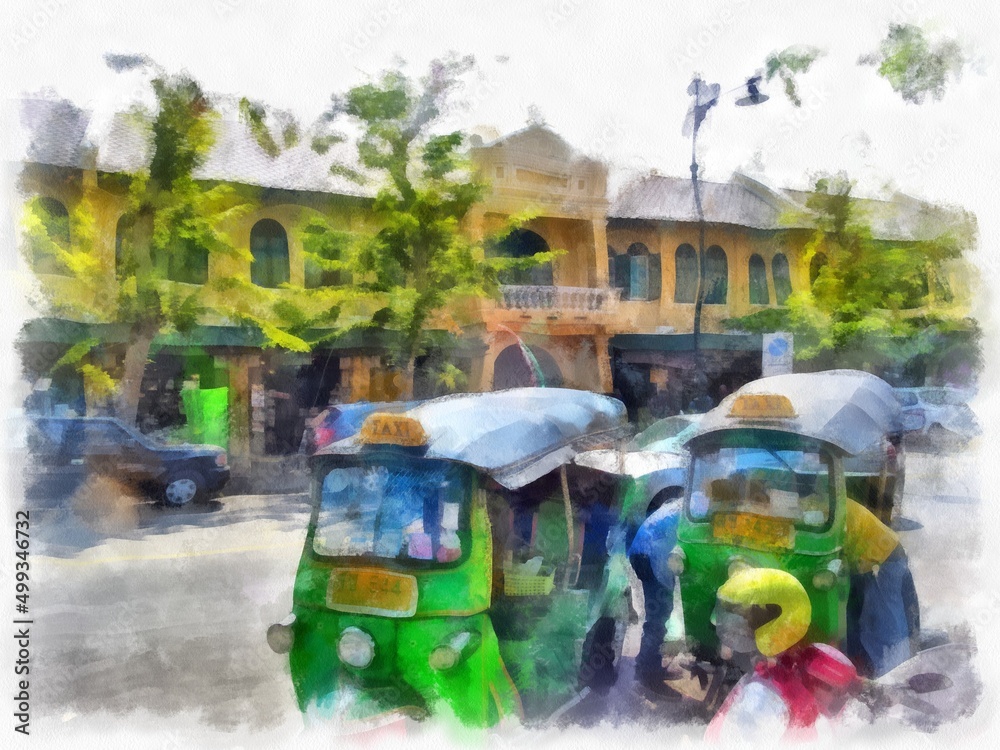 street landscape in bangkok watercolor style illustration impressionist painting.