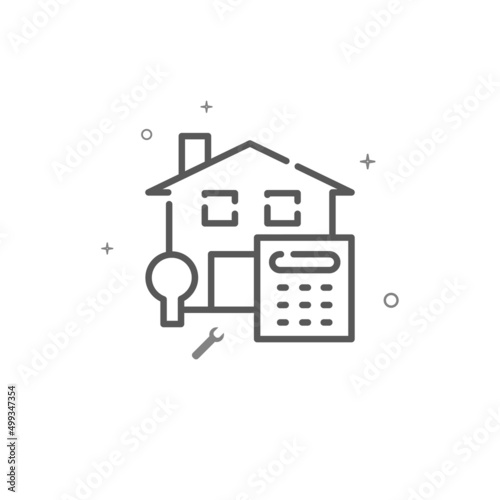 Turnkey house, construction estimate simple vector line icon. Repair and decoration, finishing facilities symbol, pictogram, sign isolated on white background. Editable stroke. Adjust line weight.