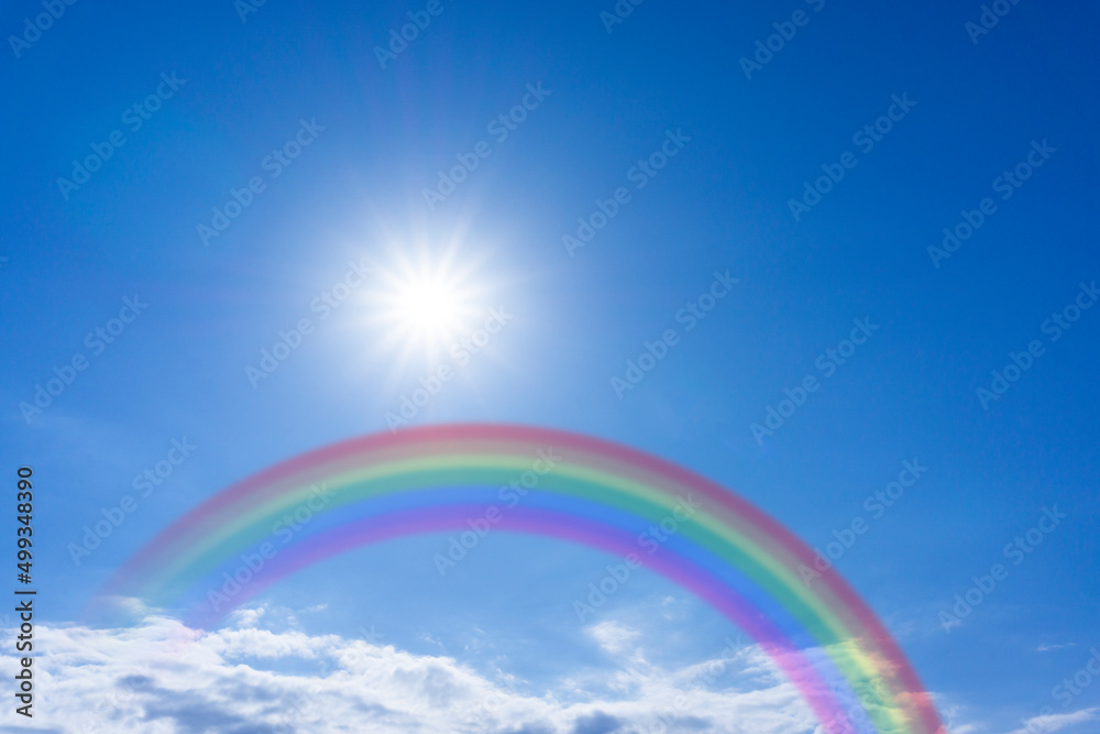 雨上がりの虹がかかった青空と太陽の光