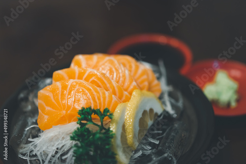 Japanese food sashimi salmon in japan restaurant photo