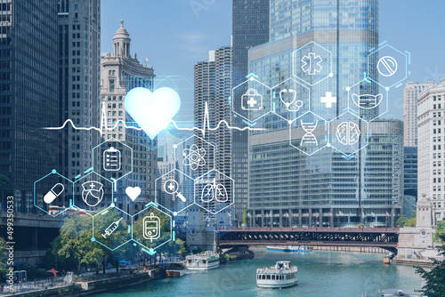 Panorama cityscape of Chicago downtown and Riverwalk, boardwalk with bridges at day time, Illinois, USA. Health care digital medicine hologram. The concept of treatment and disease prevention