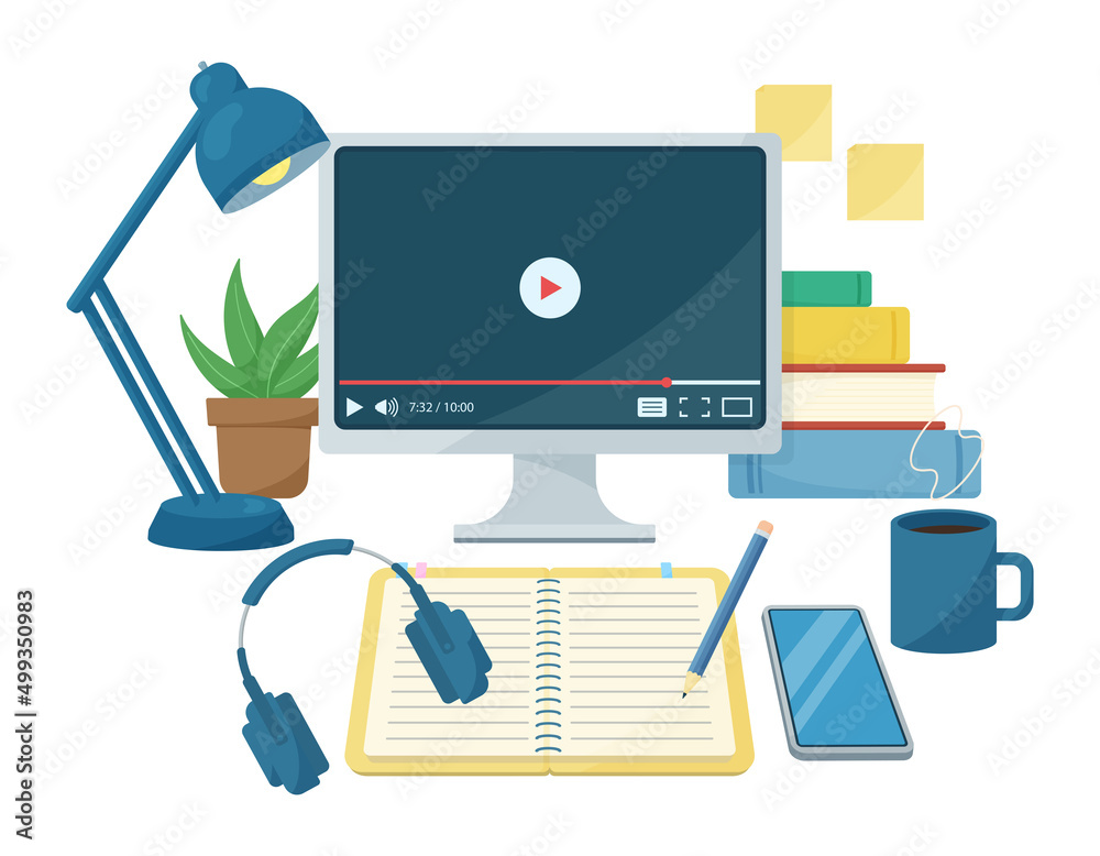 オンラインで動画を視聴しながら勉強をするイラスト. パソコンのモニターとノートとヘッドフォン.