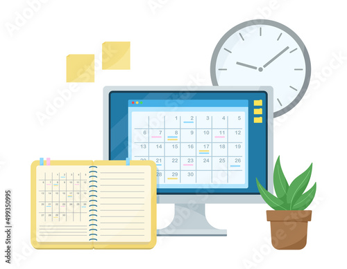 パソコンや手帳でスケジュールを管理するイラスト. カレンダー機能. スケジュール帳とコンピュータ.