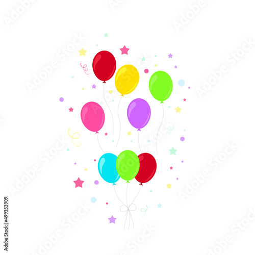 Happy birthday feast  birthday party  many colorful balloons  flat vector illustration and icons