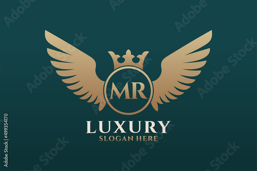 Luxury royal wing Letter MR crest Gold color Logo vector, Victory logo, crest logo, wing logo, vector logo template.