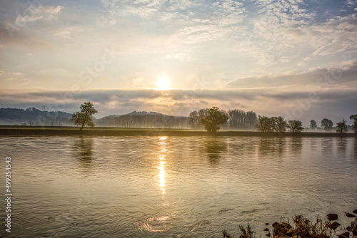 Stunning sunrise scene at the river danube in early spring between the small towns Osterhofen and Winzer in lower bavaria, germany