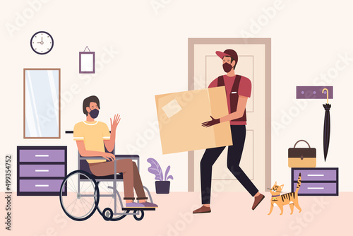 Home delivery service for people with disability. Customer location order shipping flat cartoon vector illustration