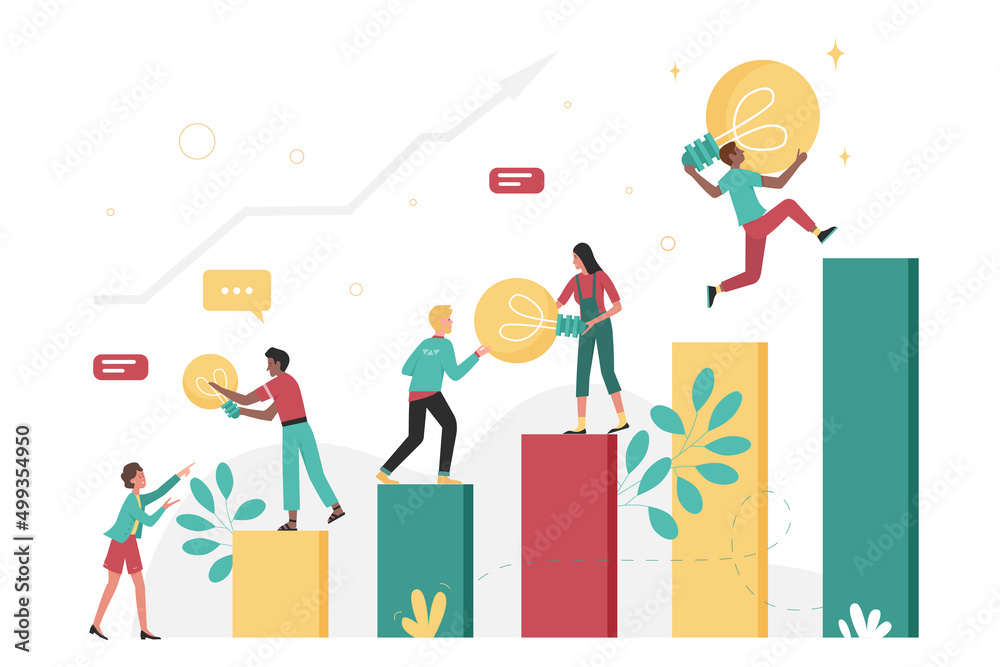 Business people climb up financial chart steps with light bulbs in hands. Cartoon tiny partners upgrade work with creative ideas, teamwork of persons flat vector illustration. Growth, progress concept Business people climb up financial chart steps with light bulbs in hands. Cartoon tiny partners upgrade work with creative ideas, teamwork of persons flat vector illustration. Growth, progress concept