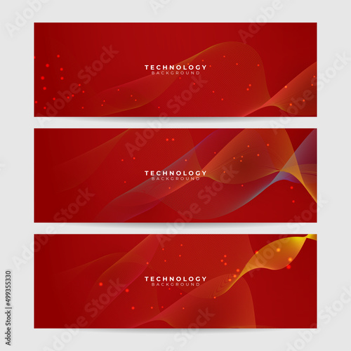 Futuristic technology digital abstract red colorful design banner. Abstract red banner background with particles and wave shapes. Vector abstract graphic design banner pattern background web template.