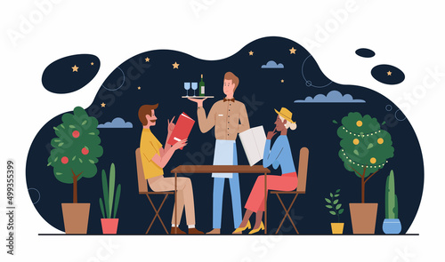 Couple people dining in restaurant at evening. Man and woman sitting at table to order food, waiter standing with wine bottle and glasses on tray flat vector illustration. Romantic dating concept