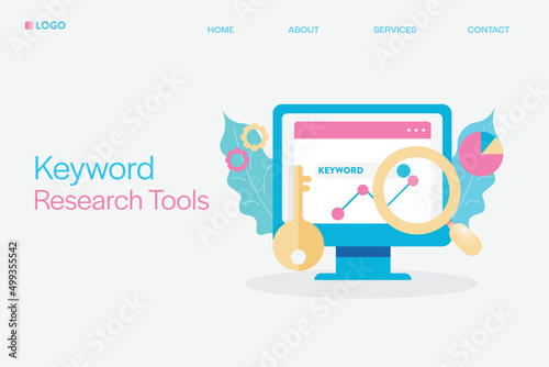 SEO keyword research tool, competitive analytics - flat design web banner template.