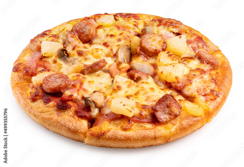 Mushroom and Sausage Pizza with cheese isolated on white background, Pizza on white background With clipping path