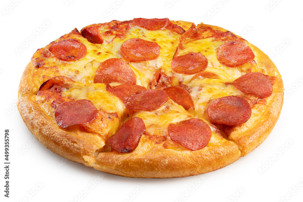 Spicy Pepperoni Pizza isolated on white background, Pepperoni Pizza on white background With clipping path.