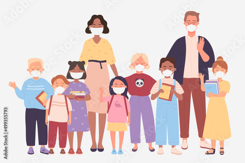 Teachers and kids wearing medical face masks for virus prevention set vector illustration. Cartoon international group of adults and children standing together isolated on white. School concept