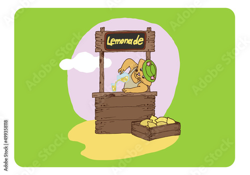 Illustration of a stand with lemonade and a cat. Lemonade stand, lemon crate, summer time, ready to use, eps. For your design