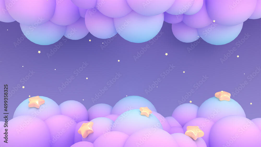 3d rendered pastel purple gradient color clouds with yellow stars sky. 3d rendered pastel purple gradient color clouds with yellow stars sky.