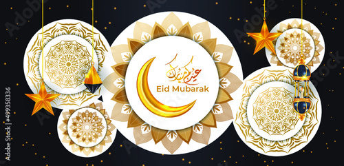 Ramadan Karim eid Mubarak luxury Islamic greeting background with golden lantern and stars photo