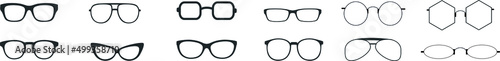 Black glasses rim. Eyeglasses and sunglasses collection vector illustration. Vintage, classic and modern style glasses rim silhouette. Stylish male and female optical accessories isolated set
