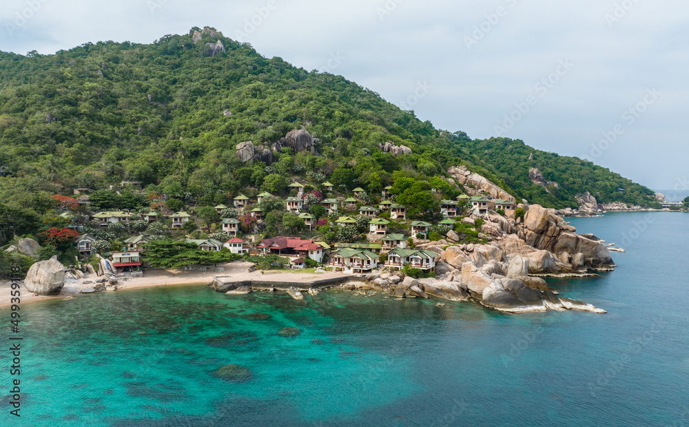 Fototapeta premium High angle view, beachfront accommodation on Koh Tao, Chumphon Province, Thailand.