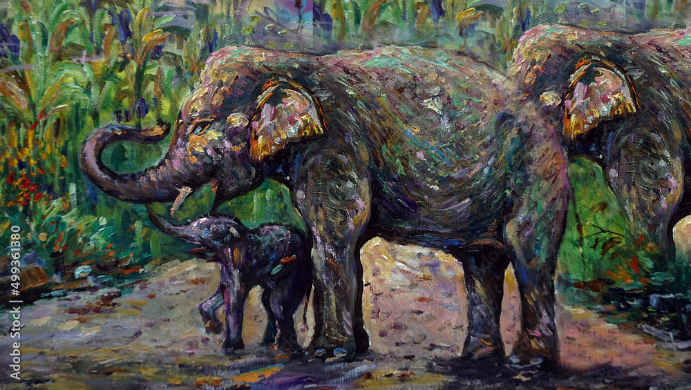 Obraz premium hand painted original impressionism art painting oil color forest elephant family thailand and school of art studying academy of art gallery artworks exhibited fragment of artwork