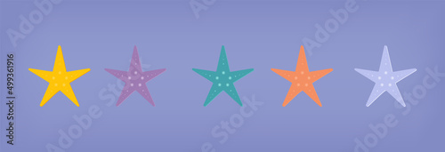 Starfish set 3d. Marine underwater creature hand drawn. Decorative element, the concept of the underwater world or summer holidays. Colorful starfish, travel, beach and sand, vector illustration.