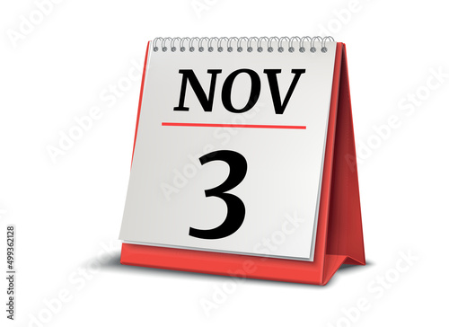 Calendar on white background. 3 November. 3D illustration.
