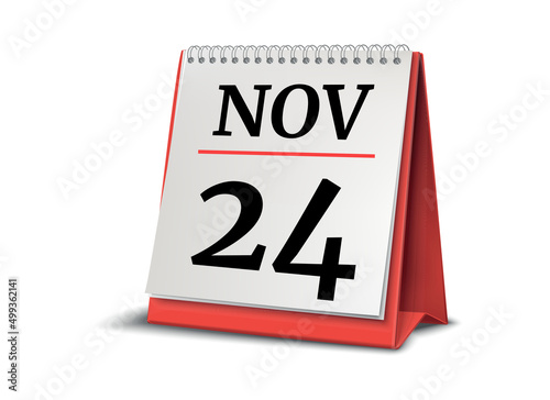 Calendar on white background. 24 November. 3D illustration.