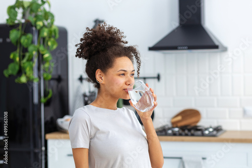 Healthy lifestyle concept. Beautiful young Afro American woman drinking clean water standing at home in the kitchen, copy space photo